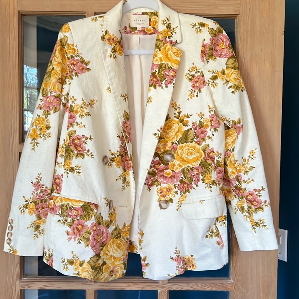 Sezane Floral Blazer in White, Yellow, and Pink